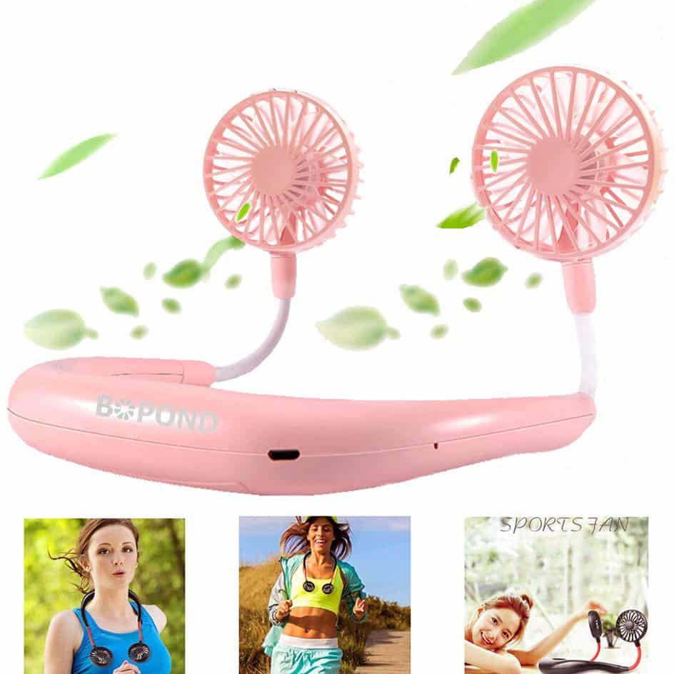 BOPOND Rechargeable Personal Neckband Fan Hands with 3 Speed- Pink